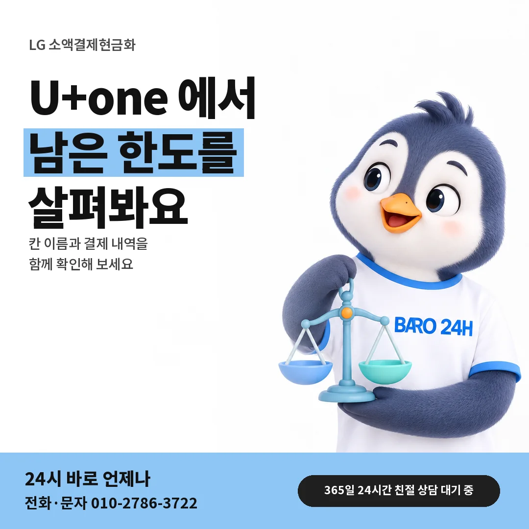 BARO 24H 티셔츠를 입은 3D 동물 캐릭터 옆에 「LG 앱에서 한도 보기」 제목을 얹은 안내 카드