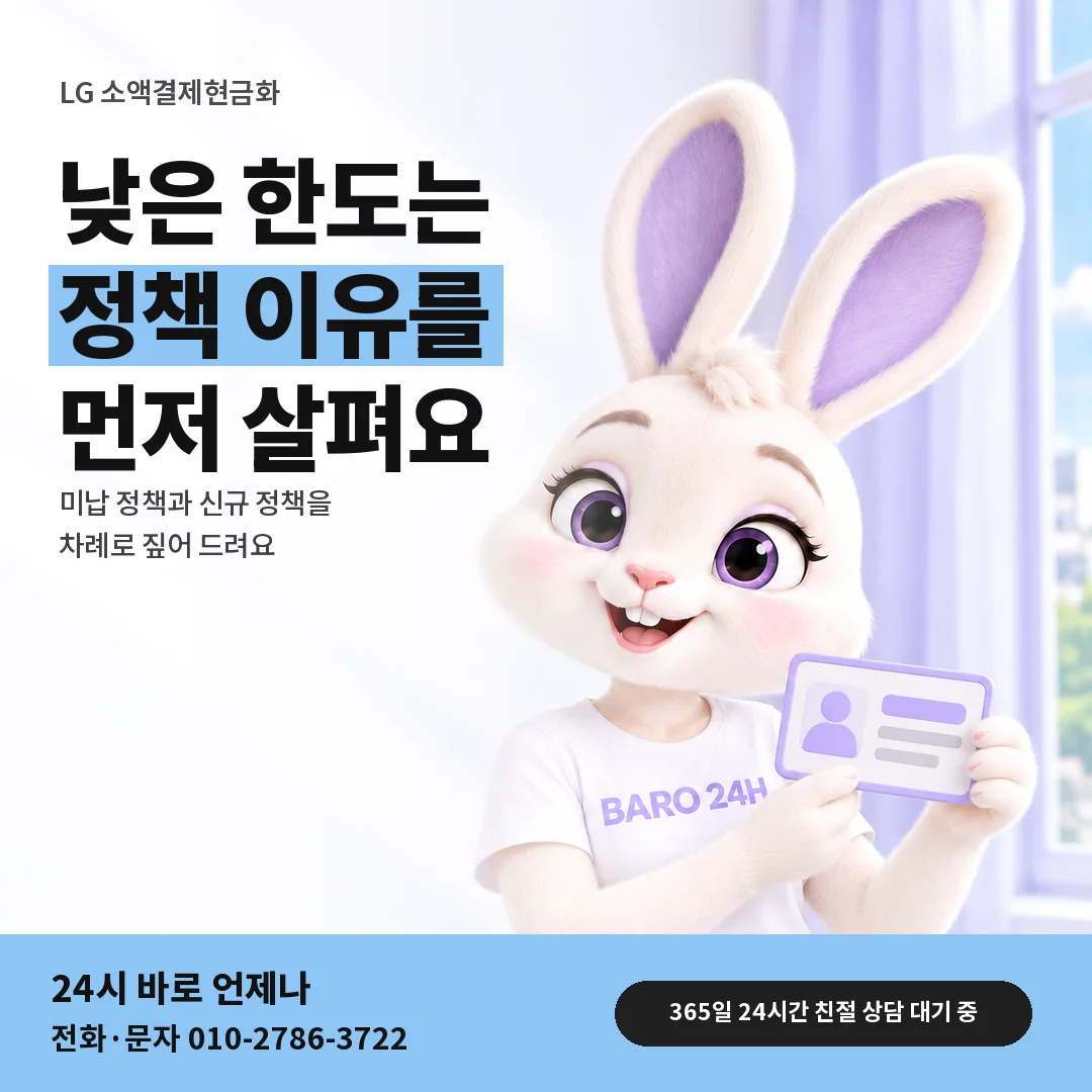 신분증을 든 BARO 24H 티셔츠를 입은 3D 토끼 캐릭터 옆에 「LG 미납과 신규 정책」 제목을 얹은 안내 카드